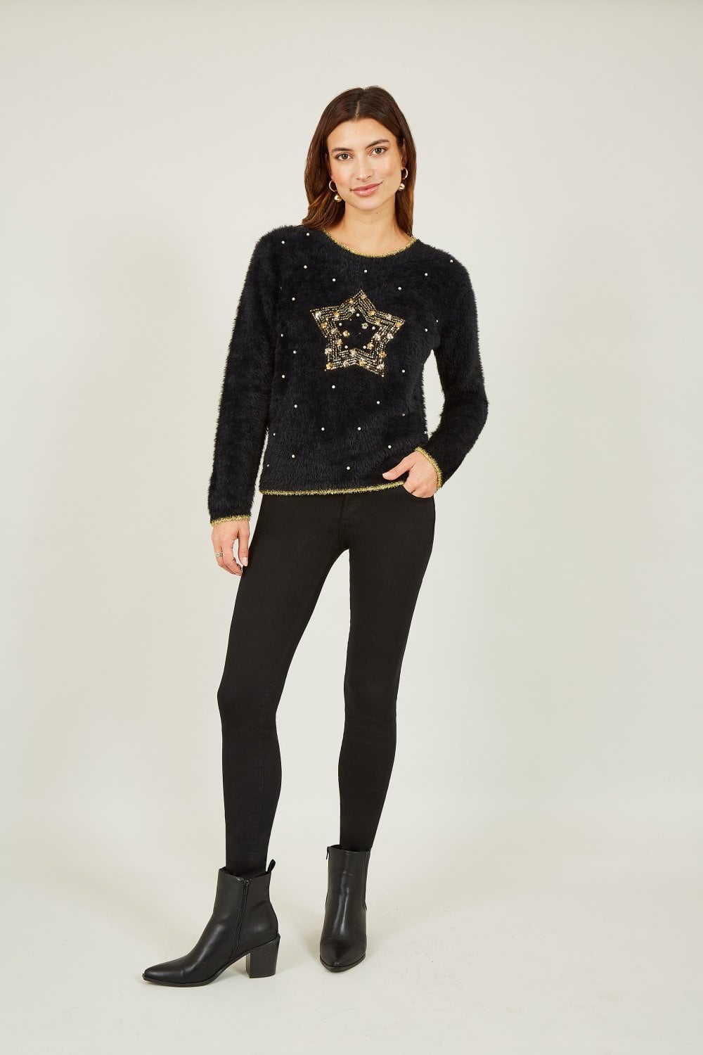 Mela Black Fluffy Star Christmas Jumper Mela