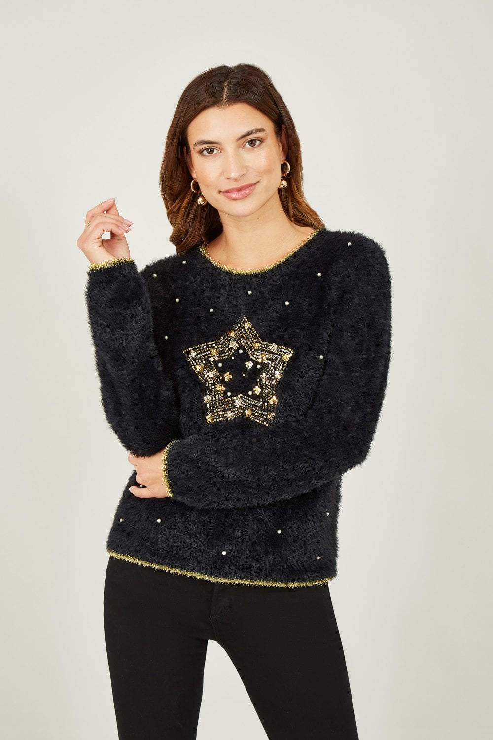 Mela Black Fluffy Star Christmas Jumper Mela