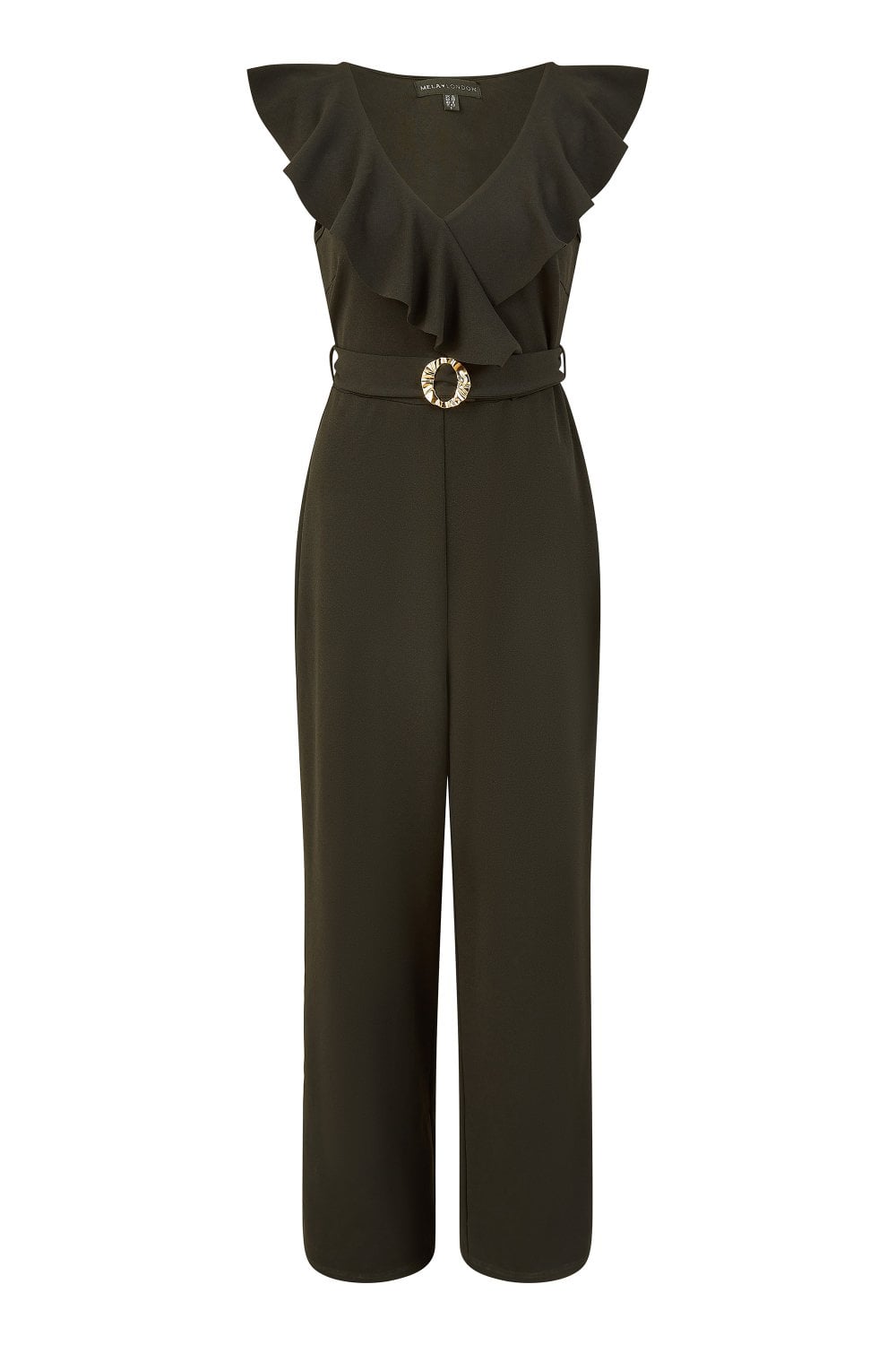 Mela Black Jumpsuit With Gold Buckle and Frill Detail Mela