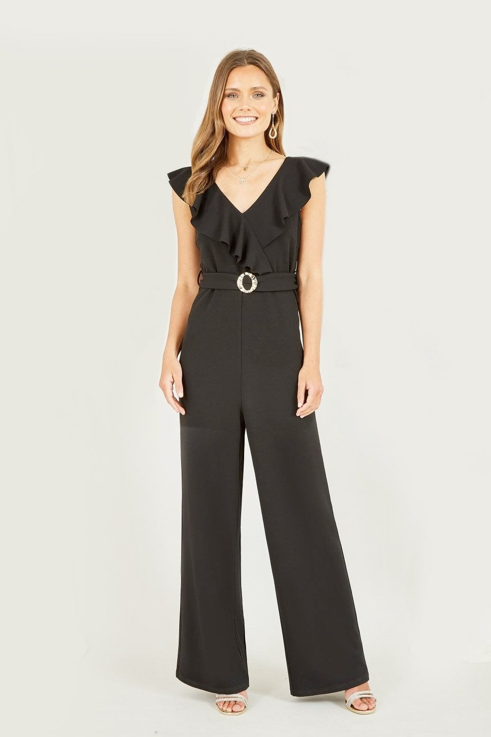 Mela Black Jumpsuit With Gold Buckle and Frill Detail Mela