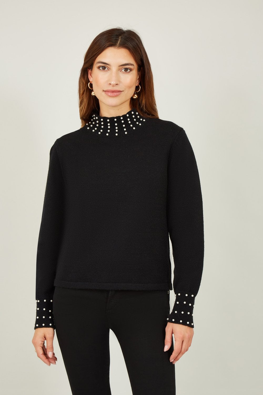 Mela Black Pearl Detail High Neck Jumper Mela