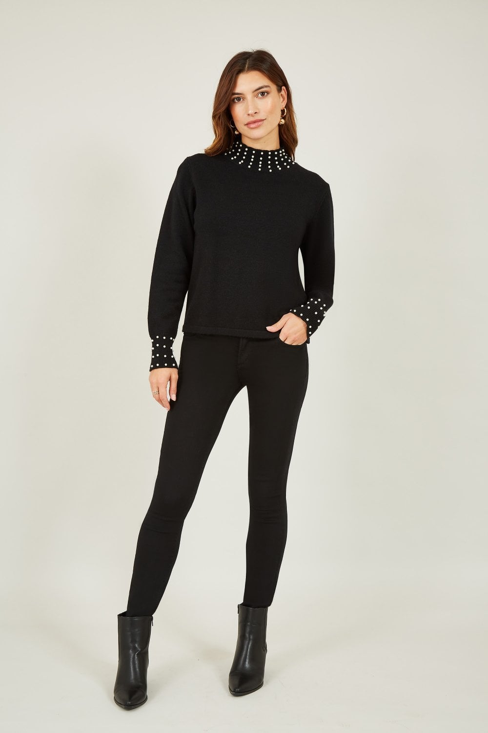 Mela Black Pearl Detail High Neck Jumper Mela