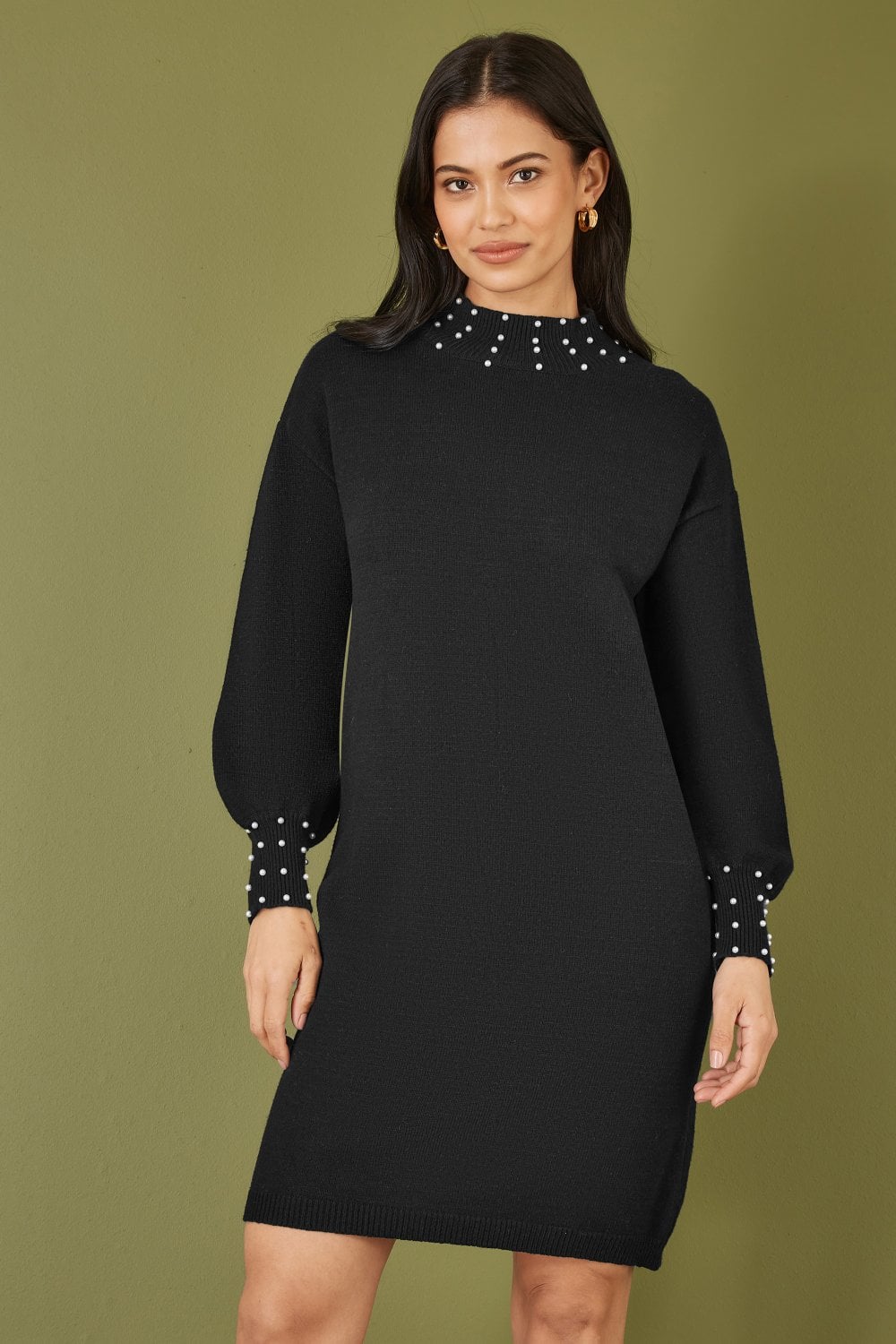 Mela Black Pearl Detail Knitted Relaxed Jumper Dress Mela