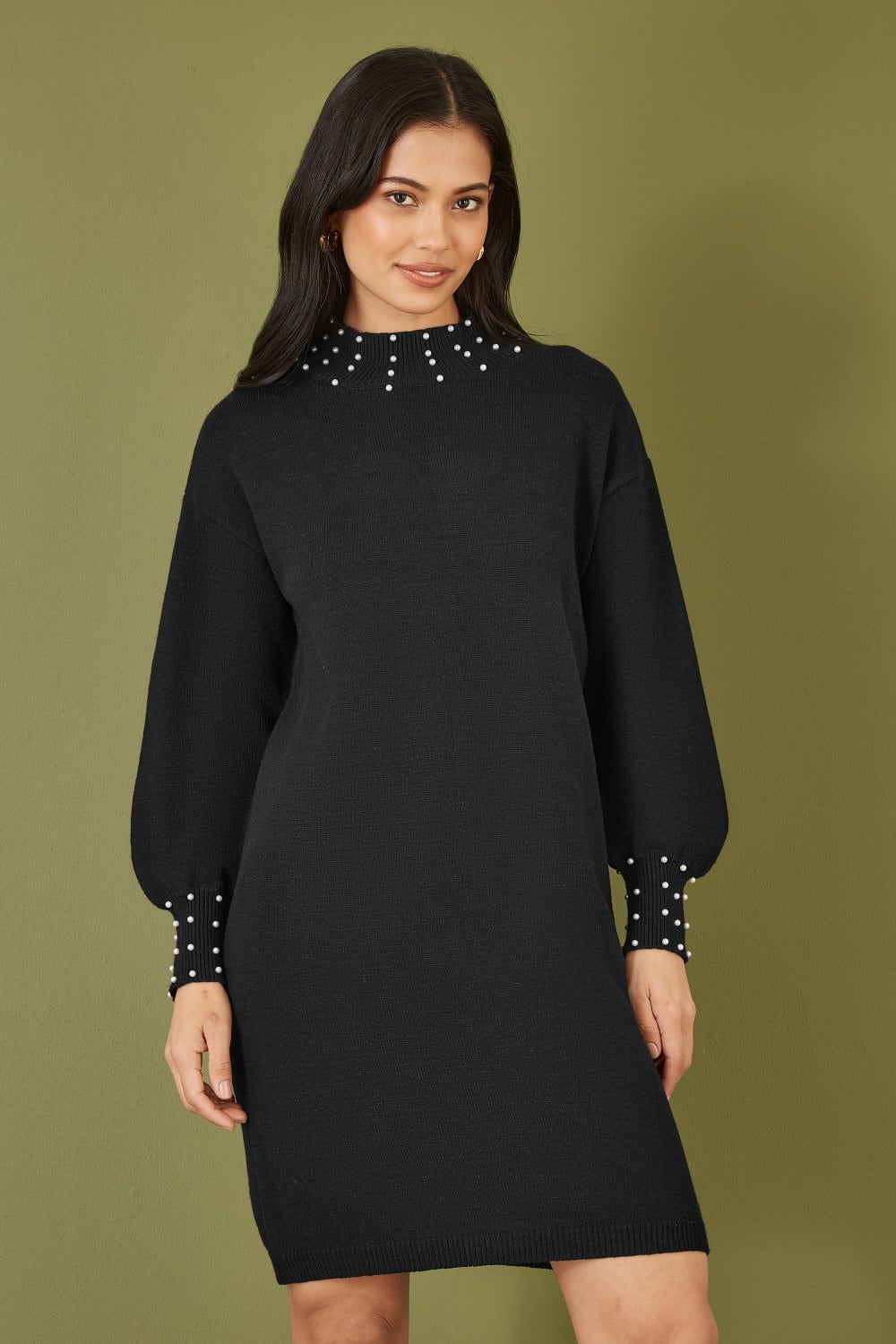 Mela Black Pearl Detail Knitted Relaxed Jumper Dress Mela