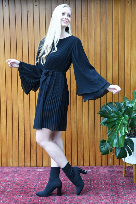 Mela Black Pleated Dress With Double Fluted Long Sleeves Yumi