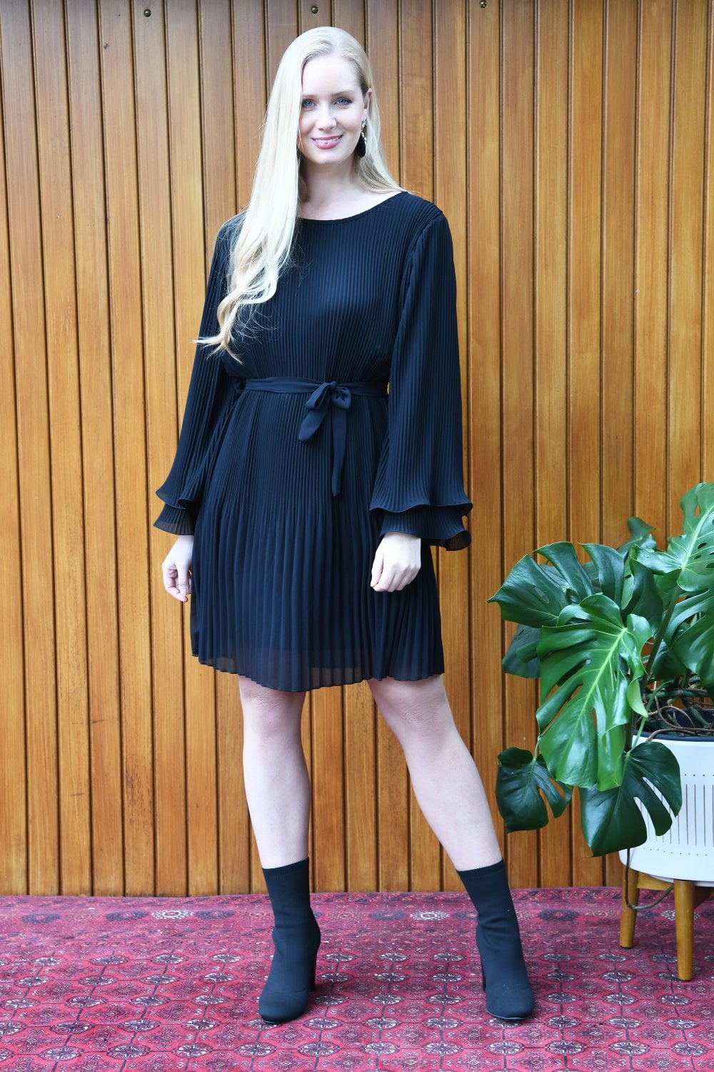 Mela Black Pleated Dress With Double Fluted Long Sleeves Yumi