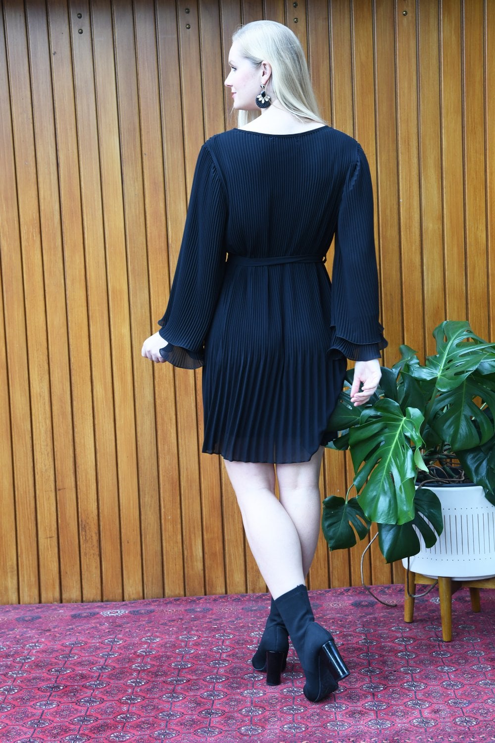 Mela Black Pleated Dress With Double Fluted Long Sleeves Yumi