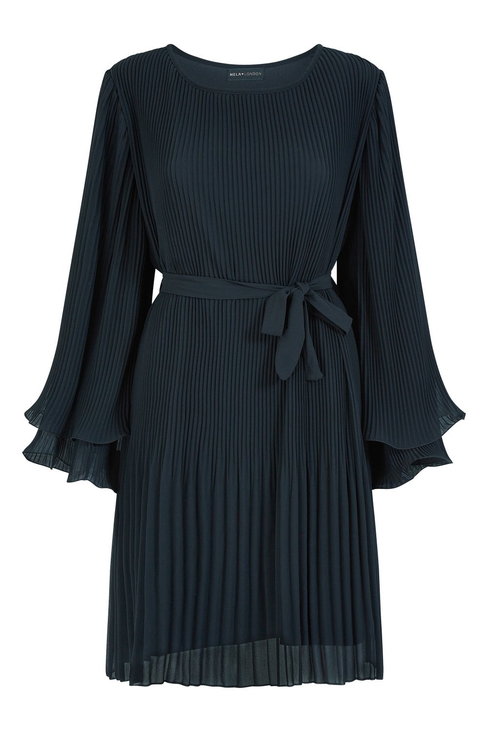 Mela Black Pleated Dress With Double Fluted Long Sleeves Yumi