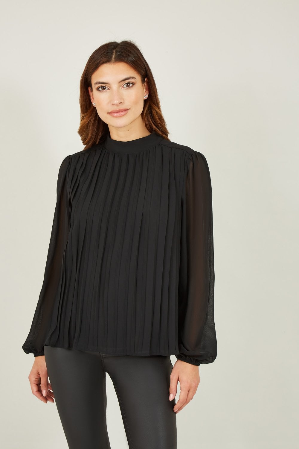 Mela Black Pleated Long Sleeve Top With High Neck Mela