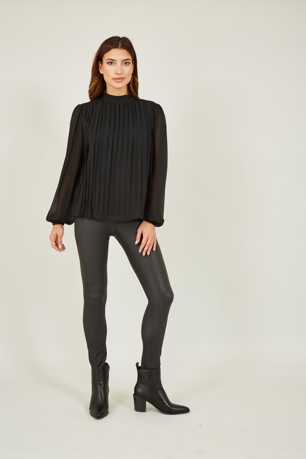 Mela Black Pleated Long Sleeve Top With High Neck Mela