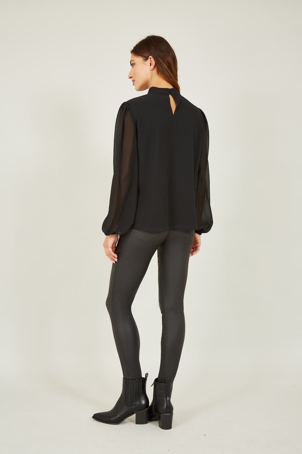 Mela Black Pleated Long Sleeve Top With High Neck Mela