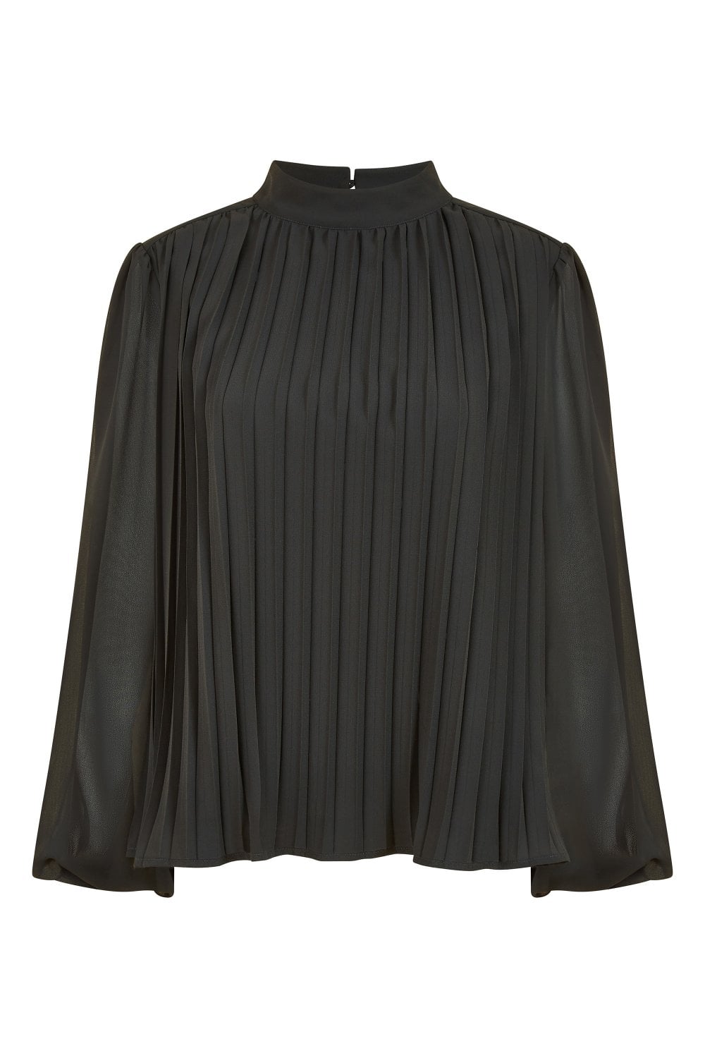 Mela Black Pleated Long Sleeve Top With High Neck Mela