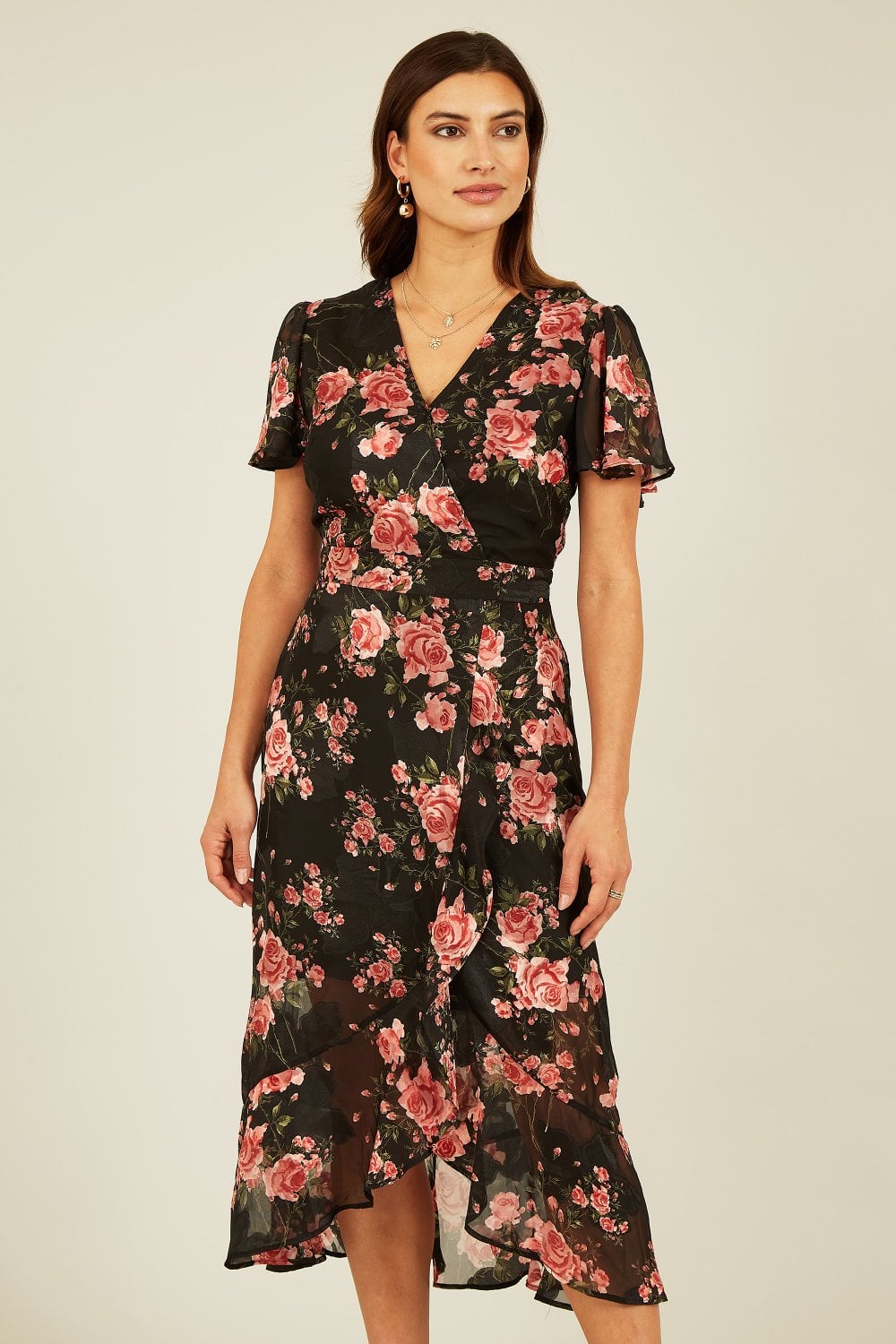 Mela Black Rose Print Midi Wrap Dress Mela