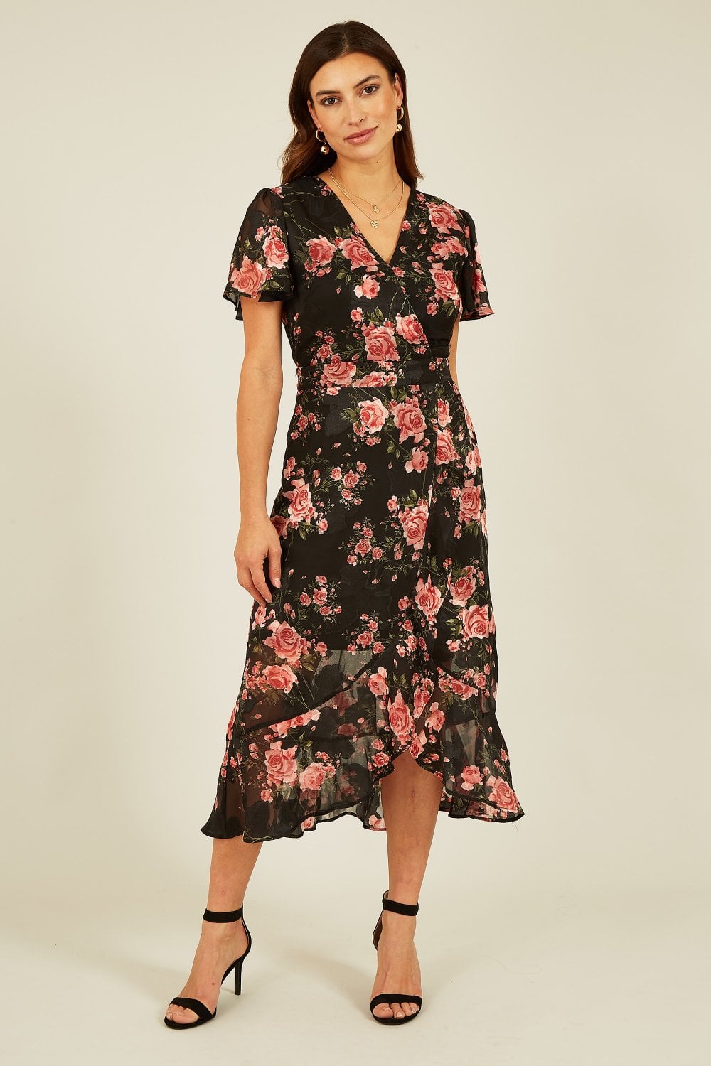 Mela Black Rose Print Midi Wrap Dress Mela