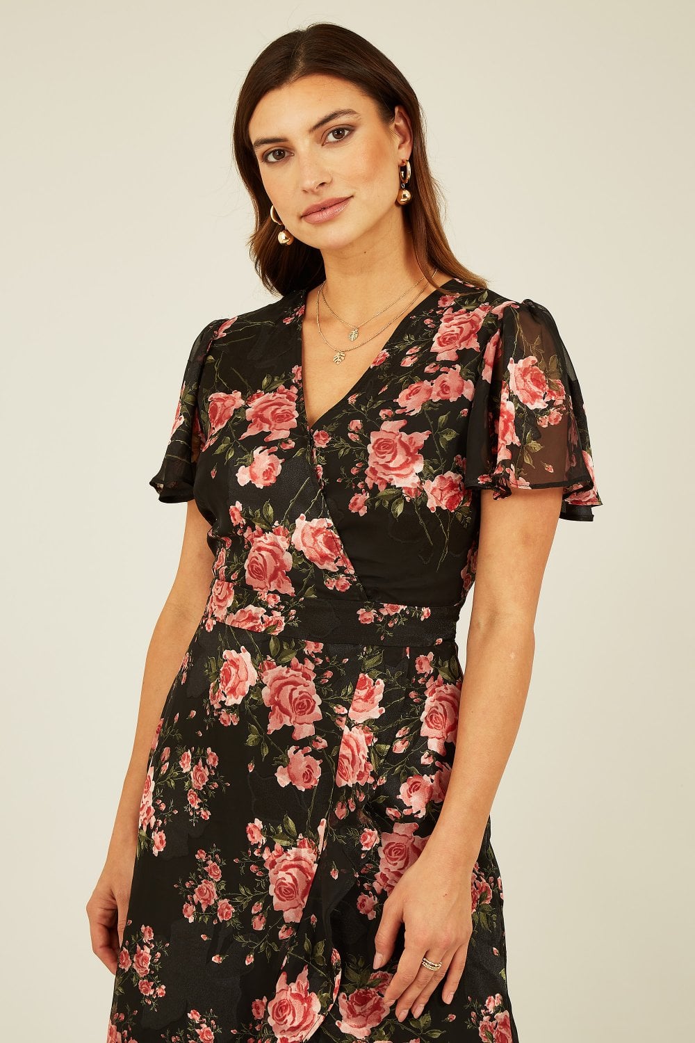 Mela Black Rose Print Midi Wrap Dress Mela