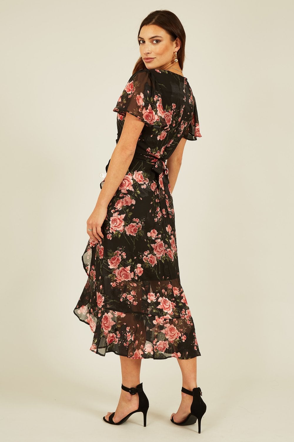 Mela Black Rose Print Midi Wrap Dress Mela