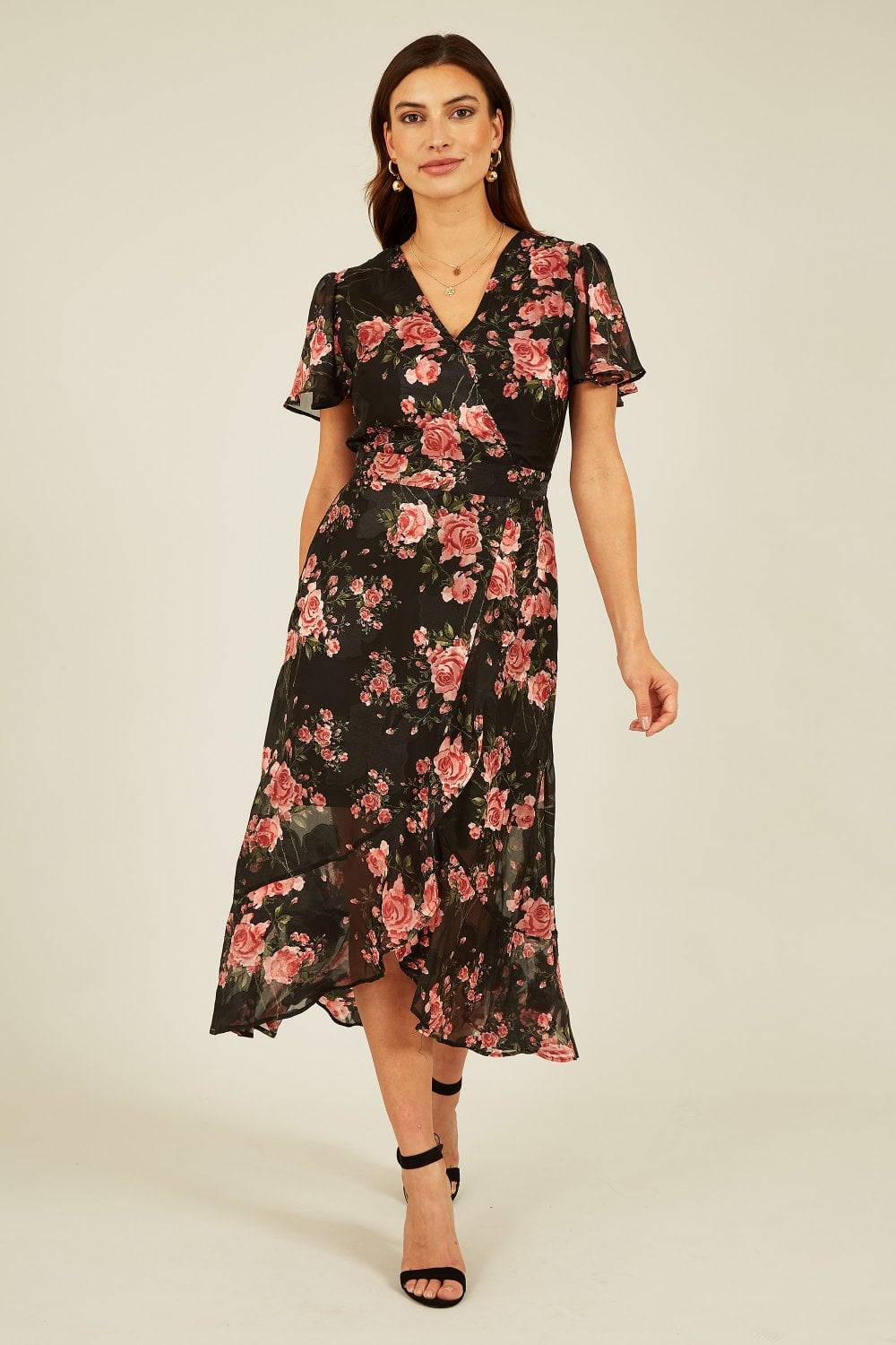 Mela Black Rose Print Midi Wrap Dress Mela