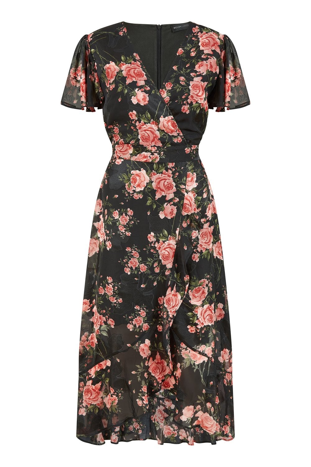 Mela Black Rose Print Midi Wrap Dress Mela