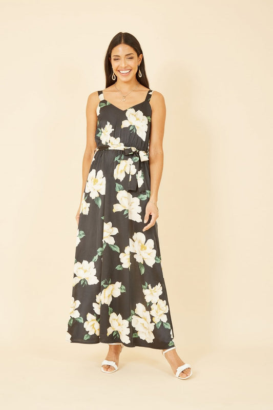 Mela Black Satin Floral Print Maxi Dress maxi Mela