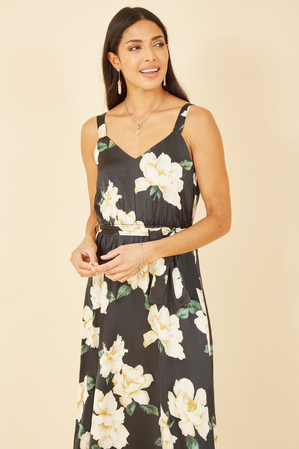 Mela Black Satin Floral Print Maxi Dress maxi Mela