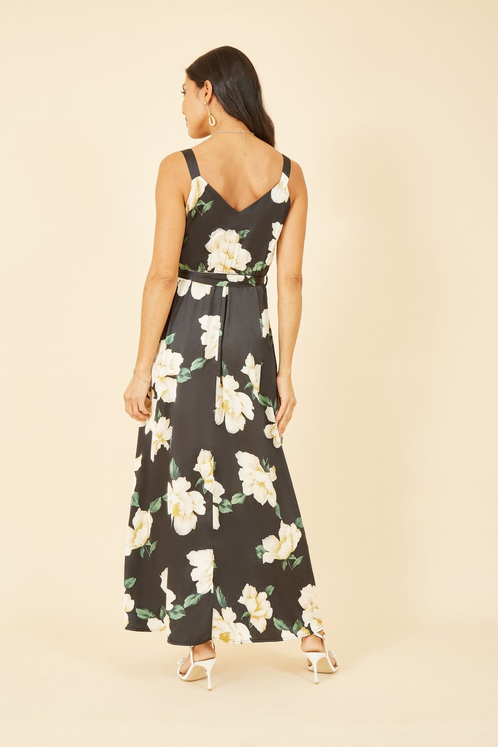 Mela Black Satin Floral Print Maxi Dress maxi Mela