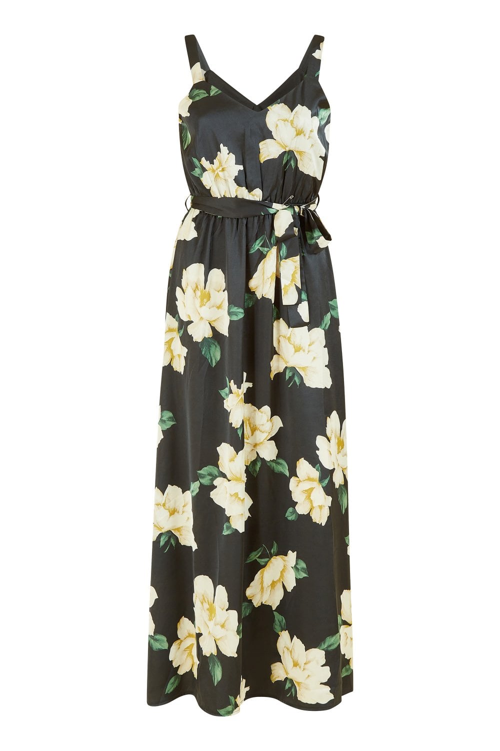 Mela Black Satin Floral Print Maxi Dress maxi Mela