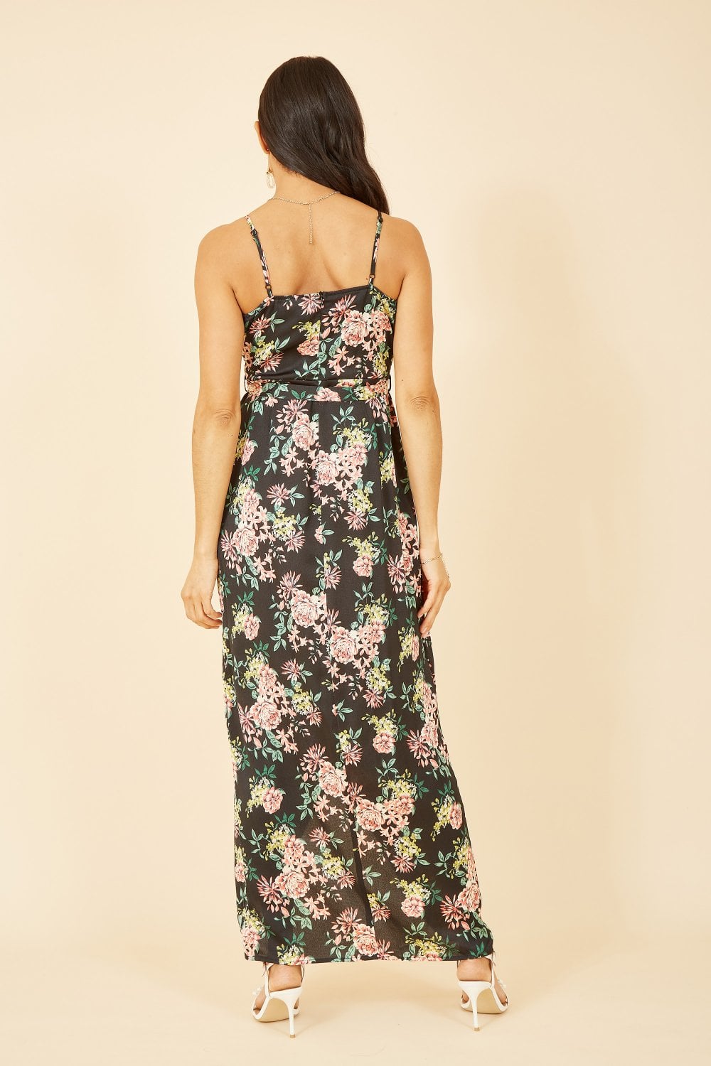 Mela Black Satin Floral Wrap Maxi Dress Mela