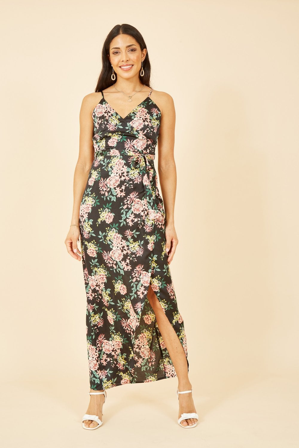 Mela Black Satin Floral Wrap Maxi Dress Mela