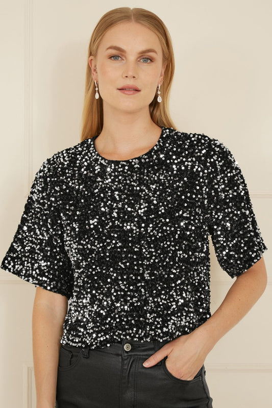 Mela Black Sequin Relaxed Fit Top Mela