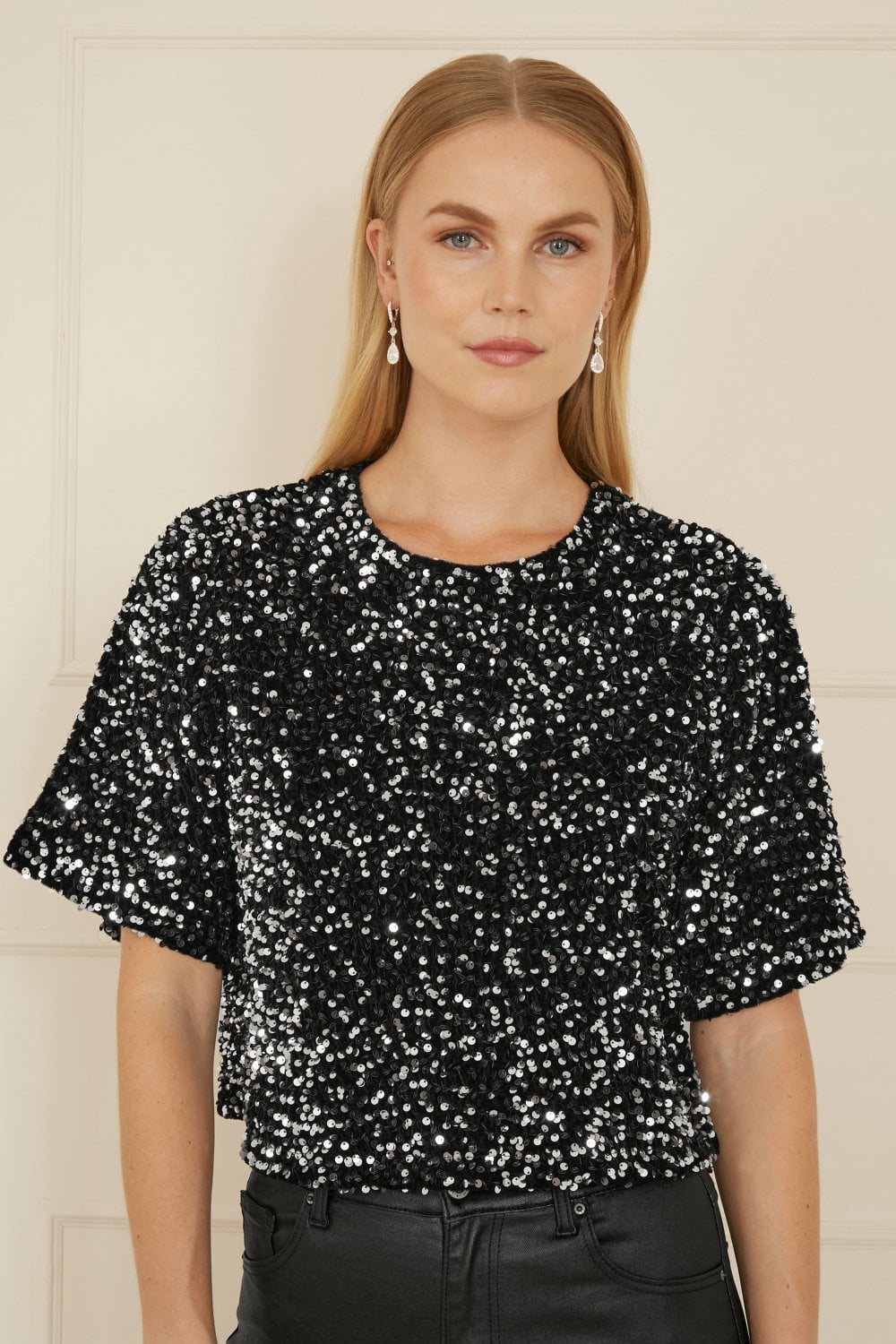 Mela Black Sequin Relaxed Fit Top Mela