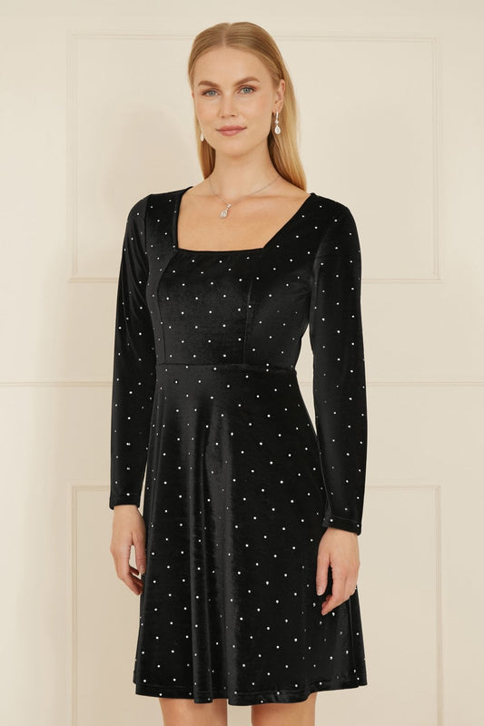 Mela Black Skater Dress With Diamantes and Long Sleeve Mela