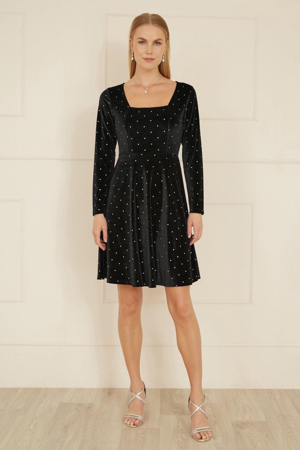 Mela Black Skater Dress With Diamantes and Long Sleeve Mela