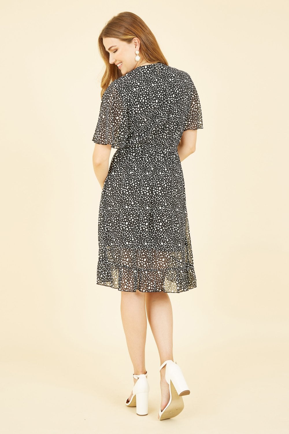 Mela Black Spot Frill Wrap Dress Yumi