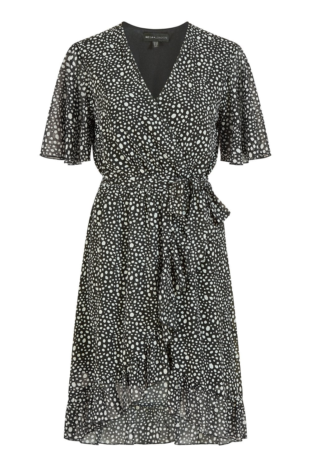 Mela Black Spot Frill Wrap Dress Yumi