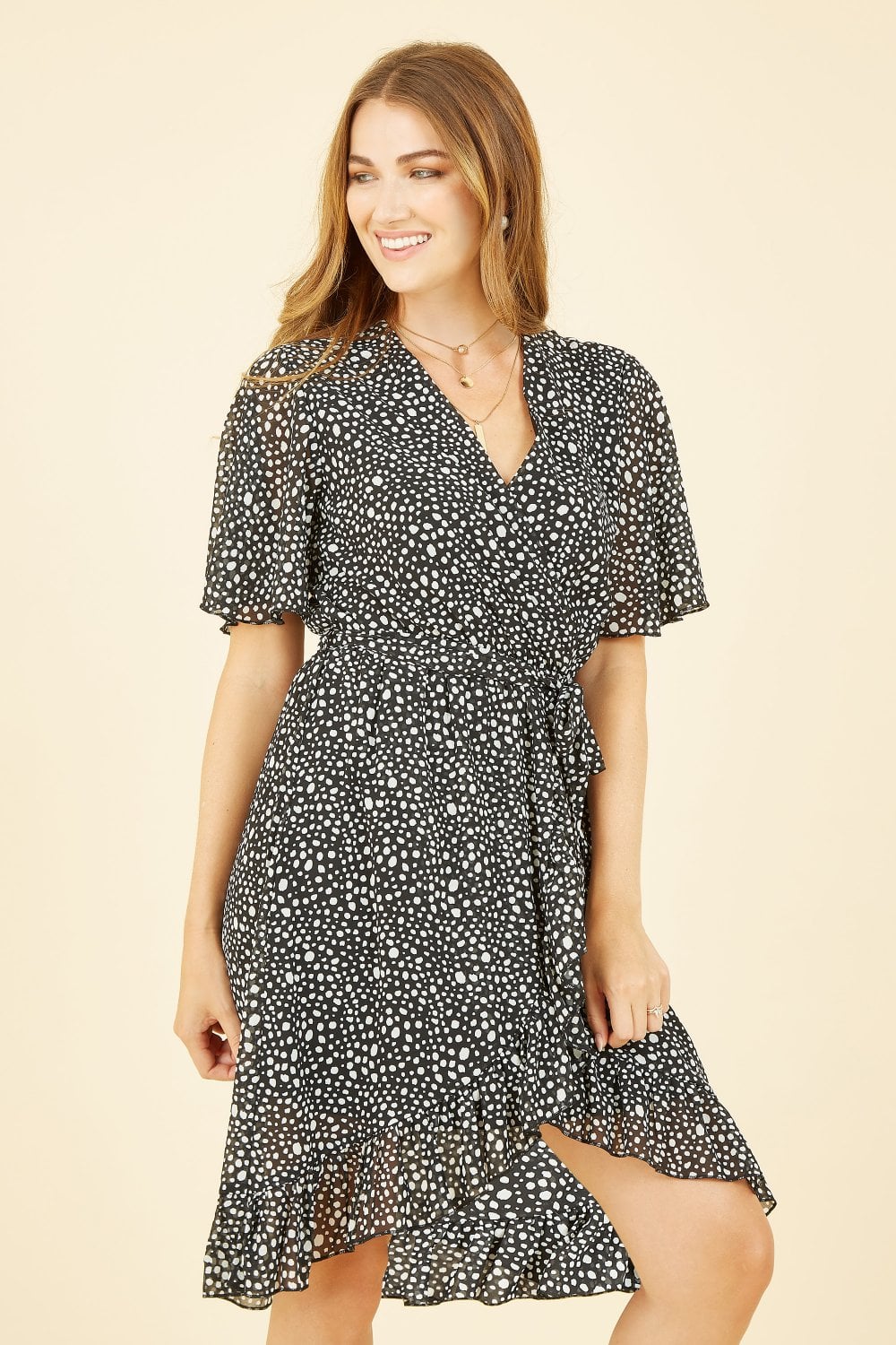 Mela Black Spot Frill Wrap Dress Yumi