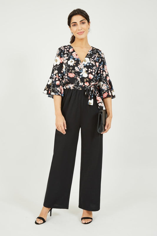 Mela Black Two Tone Wrap Front Floral Jumpsuit Mela