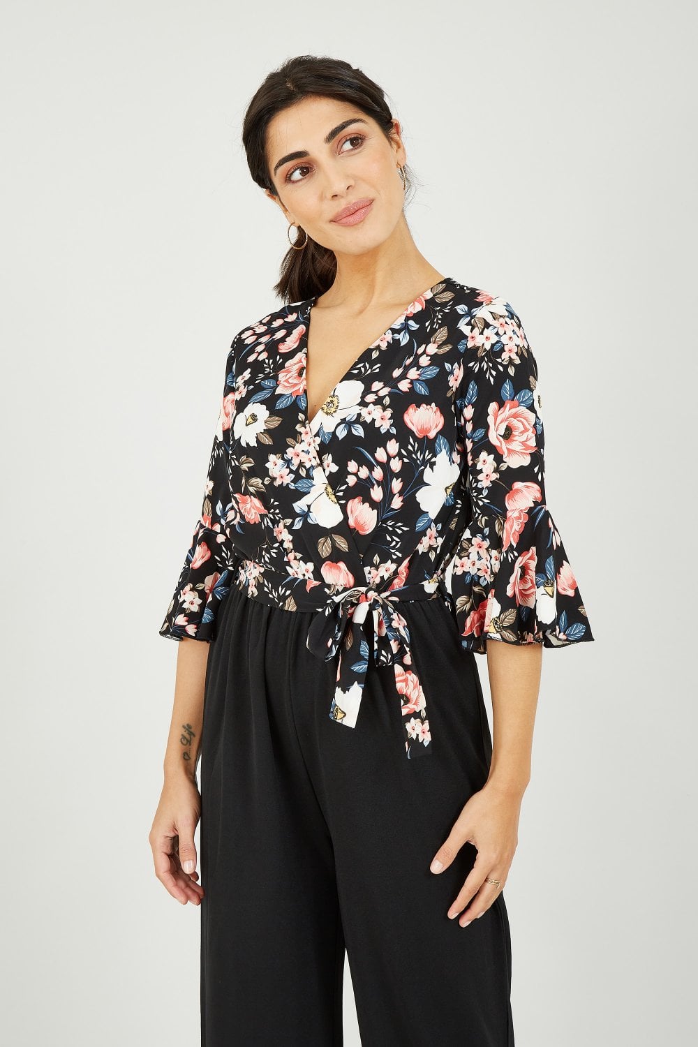 Mela Black Two Tone Wrap Front Floral Jumpsuit Mela