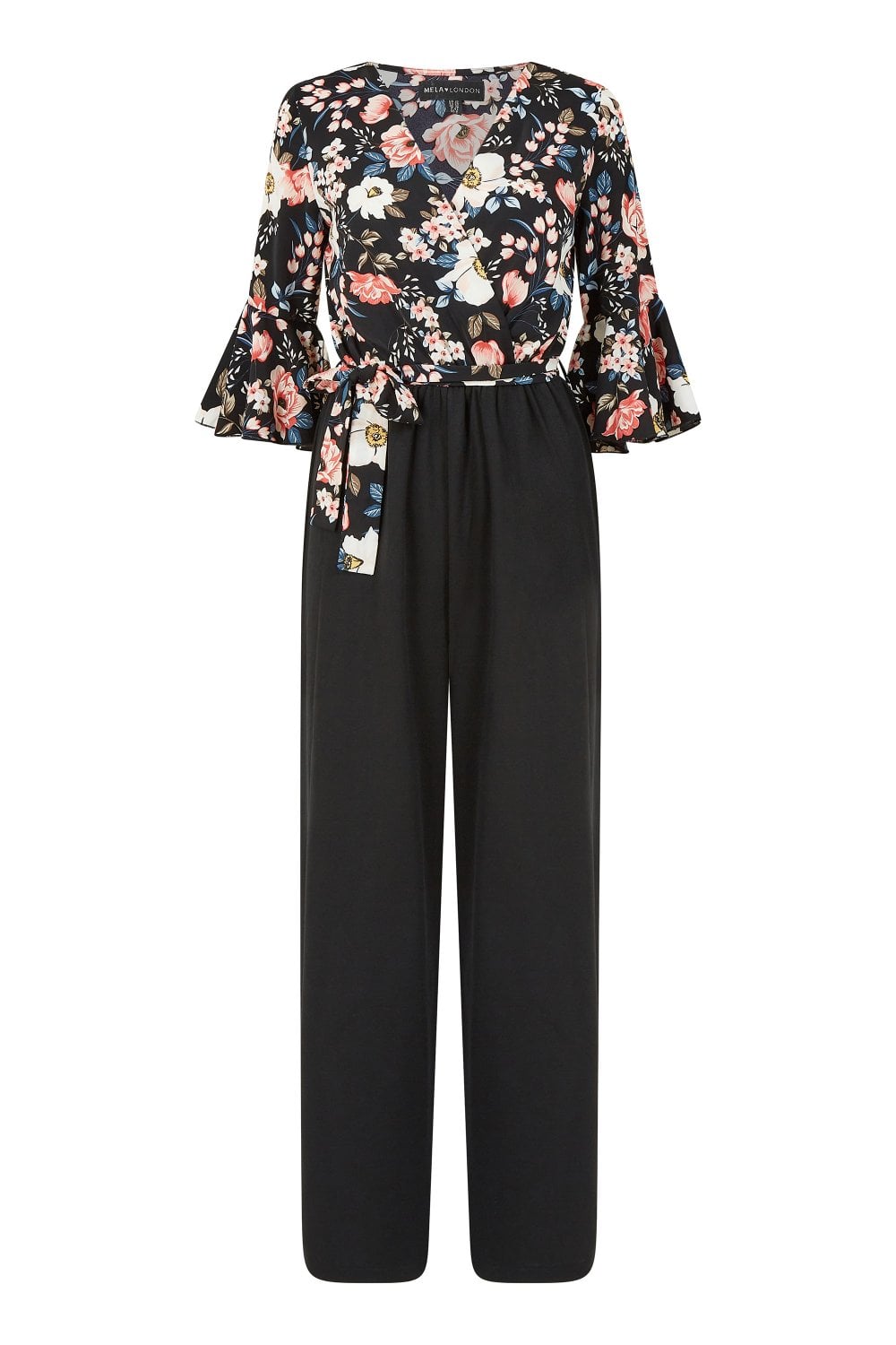 Mela Black Two Tone Wrap Front Floral Jumpsuit Mela