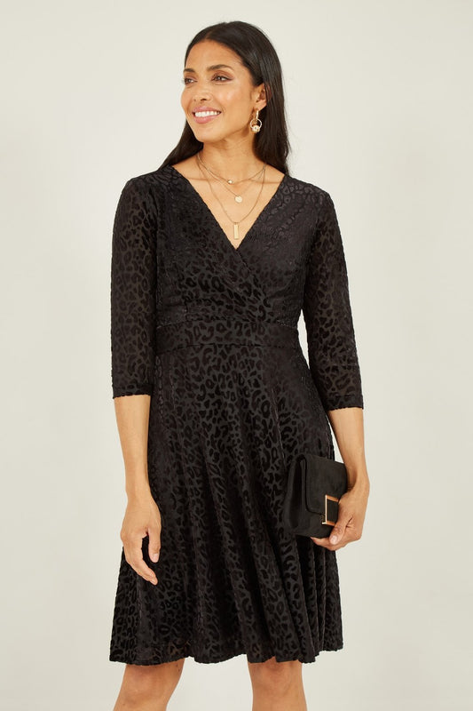 Mela Black Leopard Wrap Skater Dress Mela