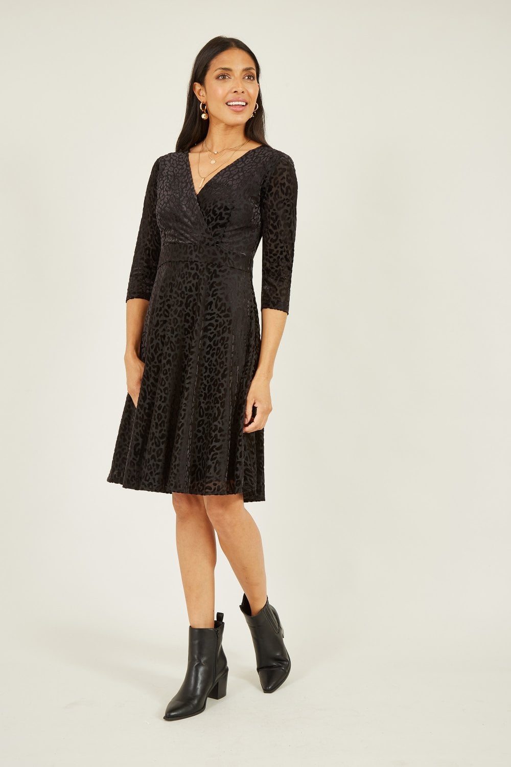 Mela Black Velour Leopard 3/4 Sleeve Wrap Skater Dress Yumi