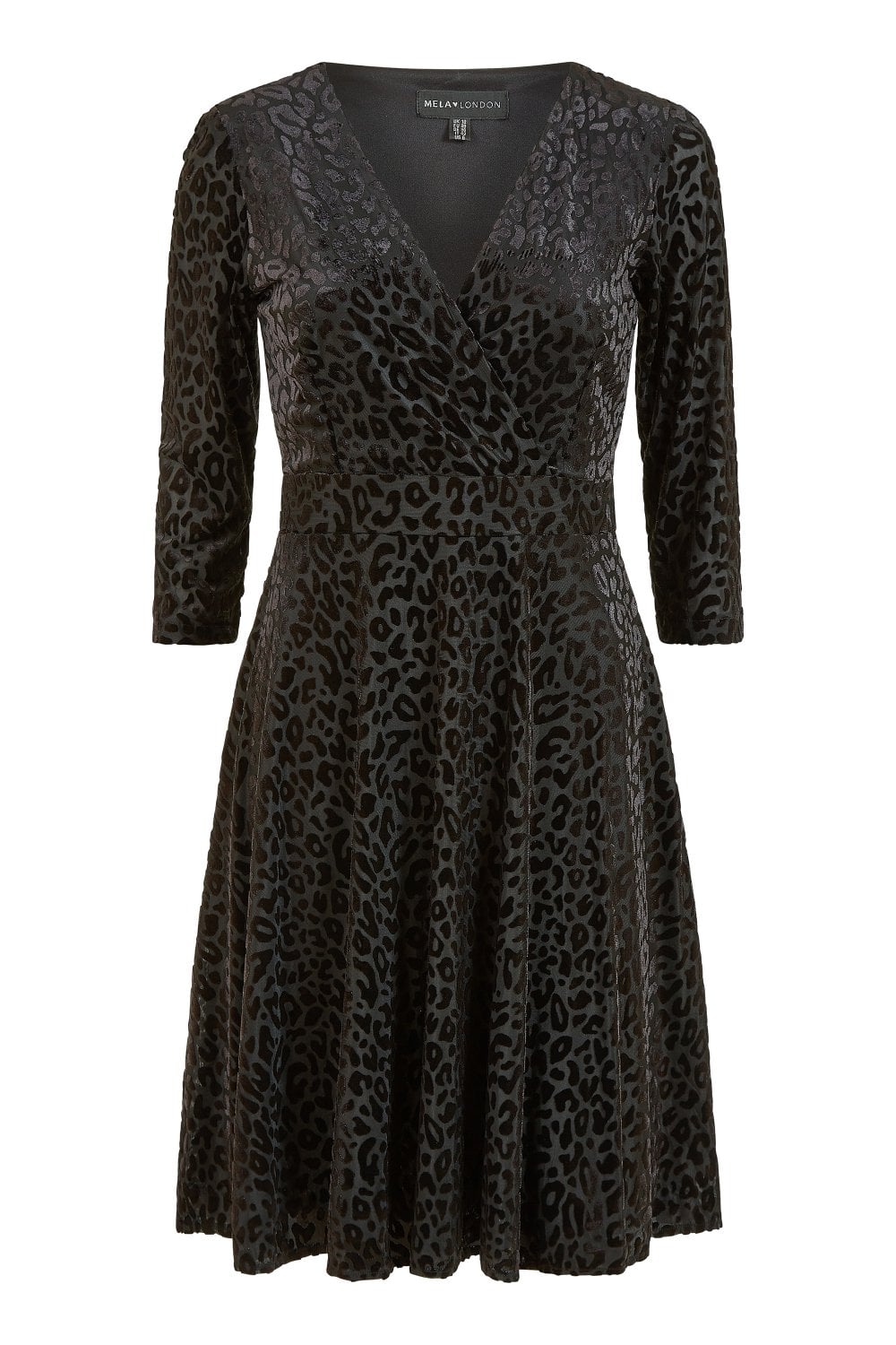 Mela Black Velour Leopard 3/4 Sleeve Wrap Skater Dress Yumi