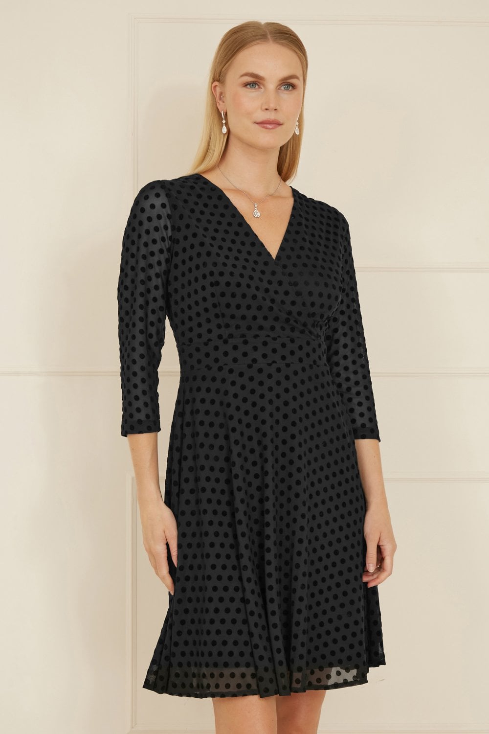 Mela Black Velour Spot 3/4 Sleeve Wrap Skater Dress Mela