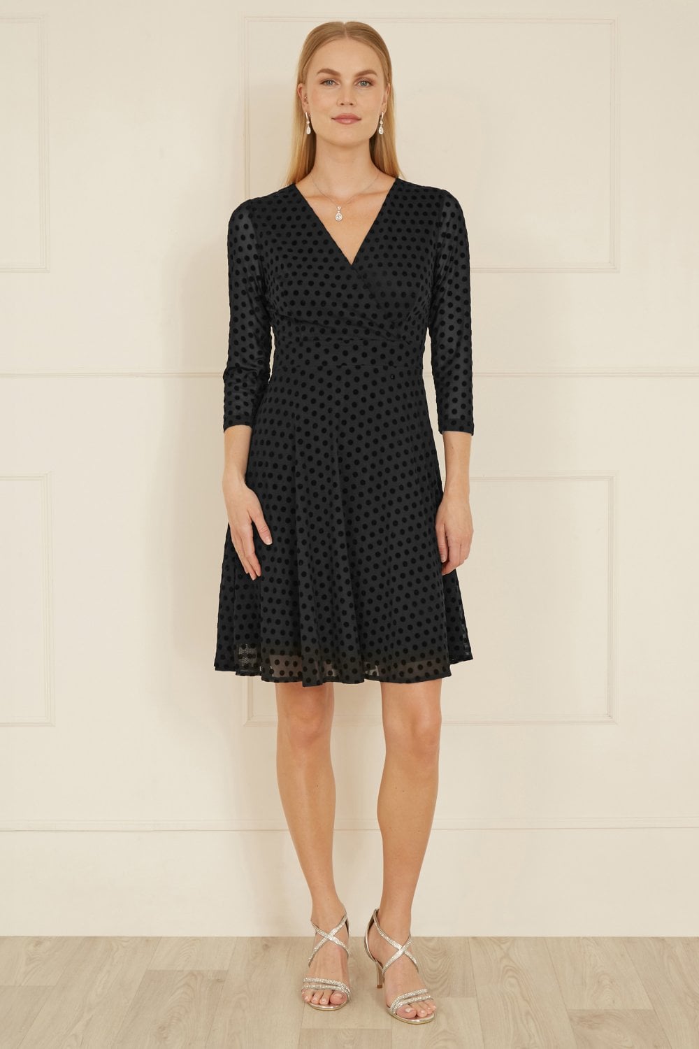 Mela Black Velour Spot 3/4 Sleeve Wrap Skater Dress Mela