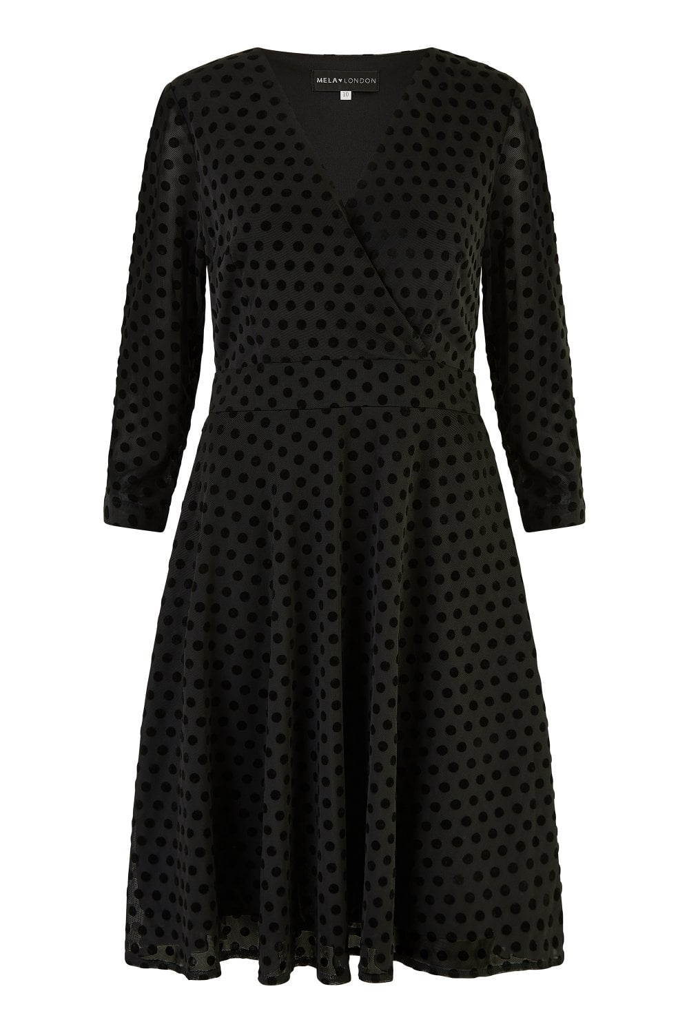 Mela Black Velour Spot 3/4 Sleeve Wrap Skater Dress Mela