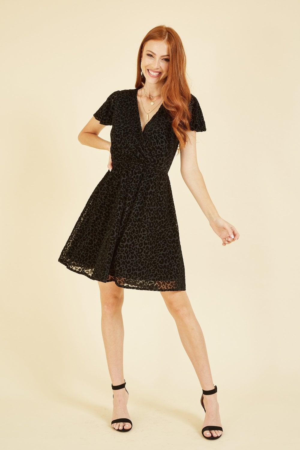 Mela Black Velvet Leopard Print Wrap Skater Dress Mela