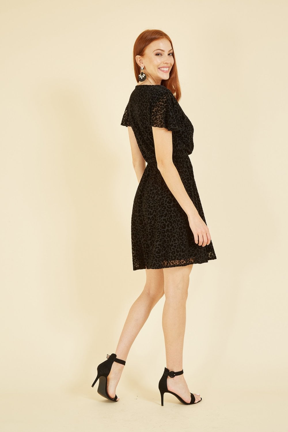 Mela Black Velvet Leopard Print Wrap Skater Dress Mela