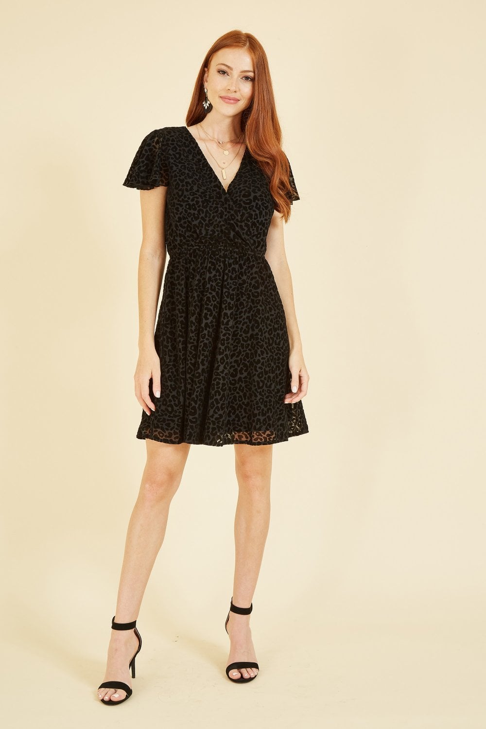 Mela Black Velvet Leopard Print Wrap Skater Dress Mela