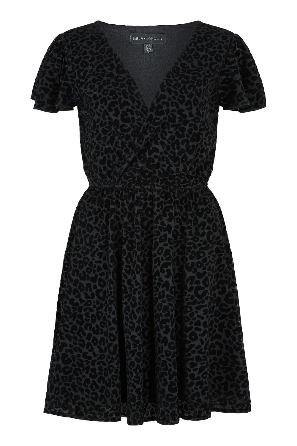 Mela Black Velvet Leopard Print Wrap Skater Dress Mela