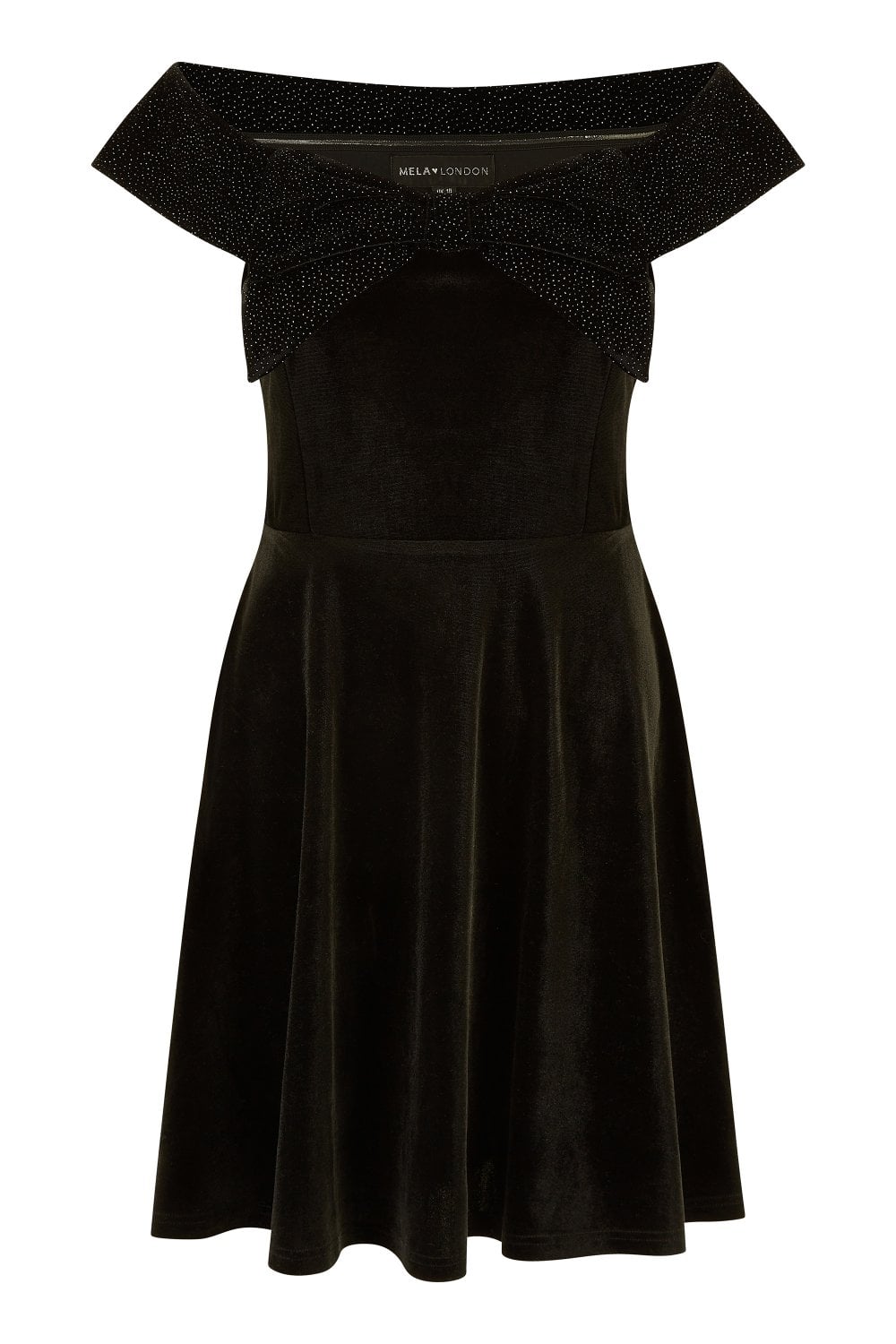 Mela Black Velvet Skater Dress With Sparkle Bow Neckline Mela