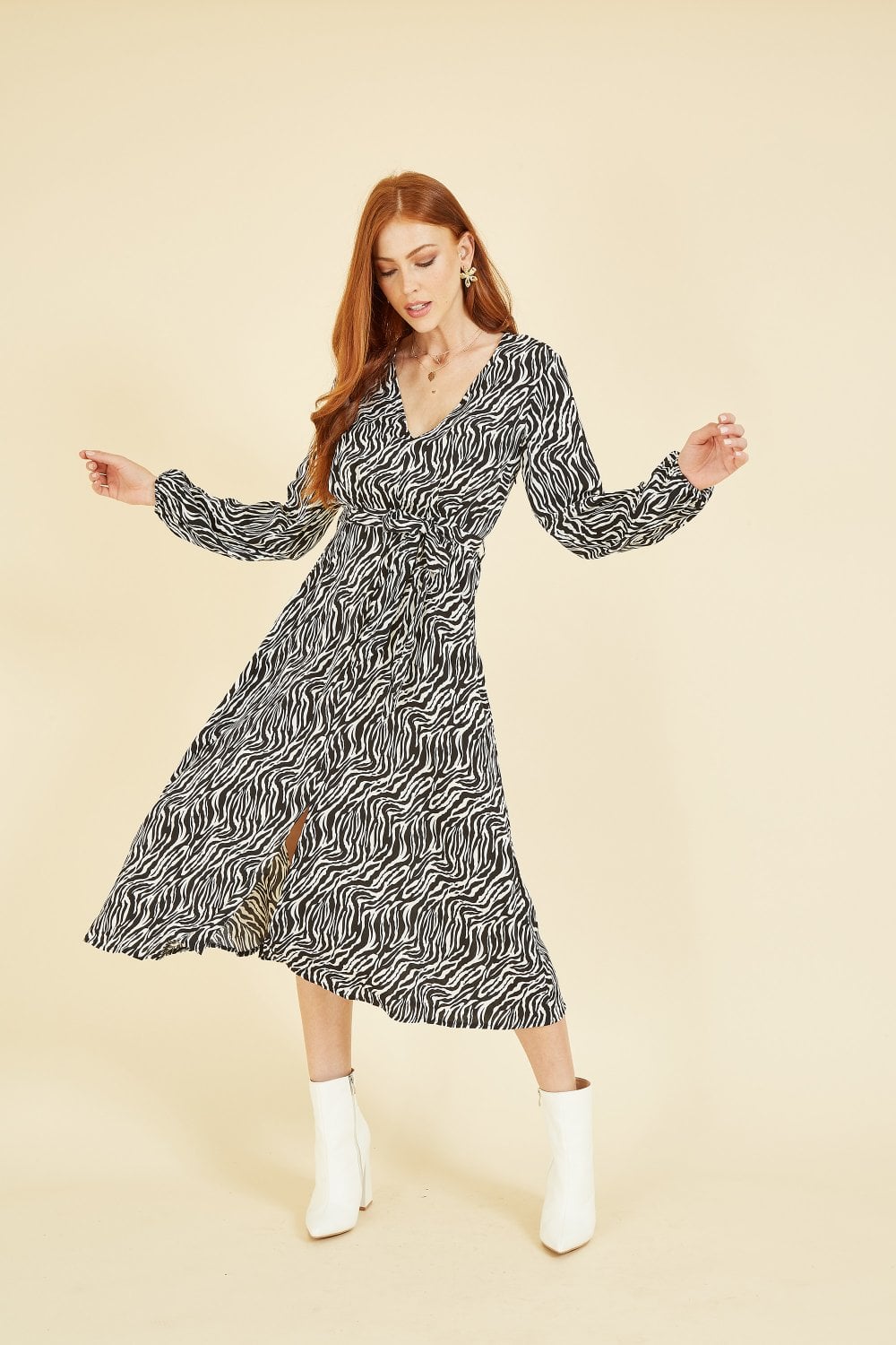 Mela Black Zebra Print Midi Dress Yumi